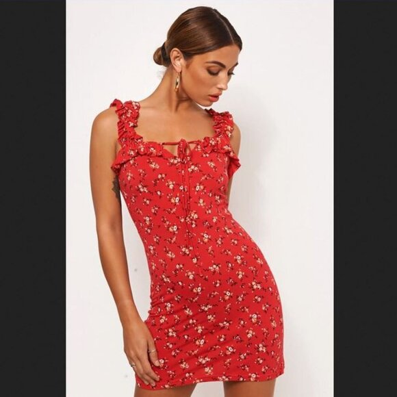 🐣NWT Pretty little thing Ruffled Babydoll Red Ditsy Floral Print Bodycon Dress - Picture 2 of 15